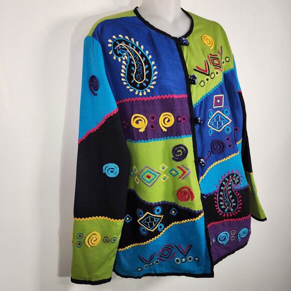 Vintage 90s Allure Womens Jacket Blazer Patchwork Hippie Artsy Embroidered Small - Picture 4 of 12